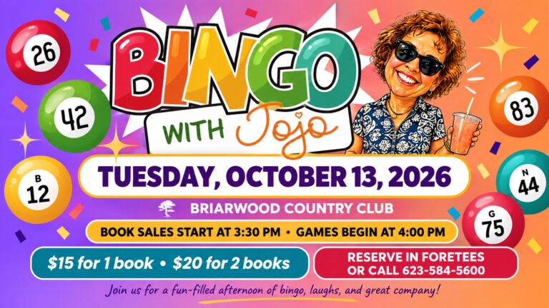 Bingo with Jojo promotional graphic for Briarwood Country Club on October 13, 2026, featuring colorful bingo balls, event details, and a cheerful illustration of Jojo.